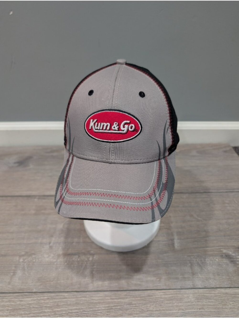 Kum & Go Head Gear Logo Adjustable Trucker Hat Cap Gray Red Stitching